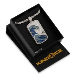 Great Wave Dog Tag Necklace -King Ice Shop great wave dog tag necklace white gold 2 1 king ice 30598576177327