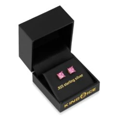 Pink Princess-Cut Stud Earrings -King Ice Shop pink princess cut stud earrings sterling silver 14k gold 7mm king ice 30599189004463